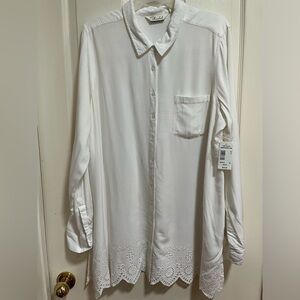 Caffe Marrakesh longline eyelet button up tunic blouse top XL Swim Cover Up FLAW